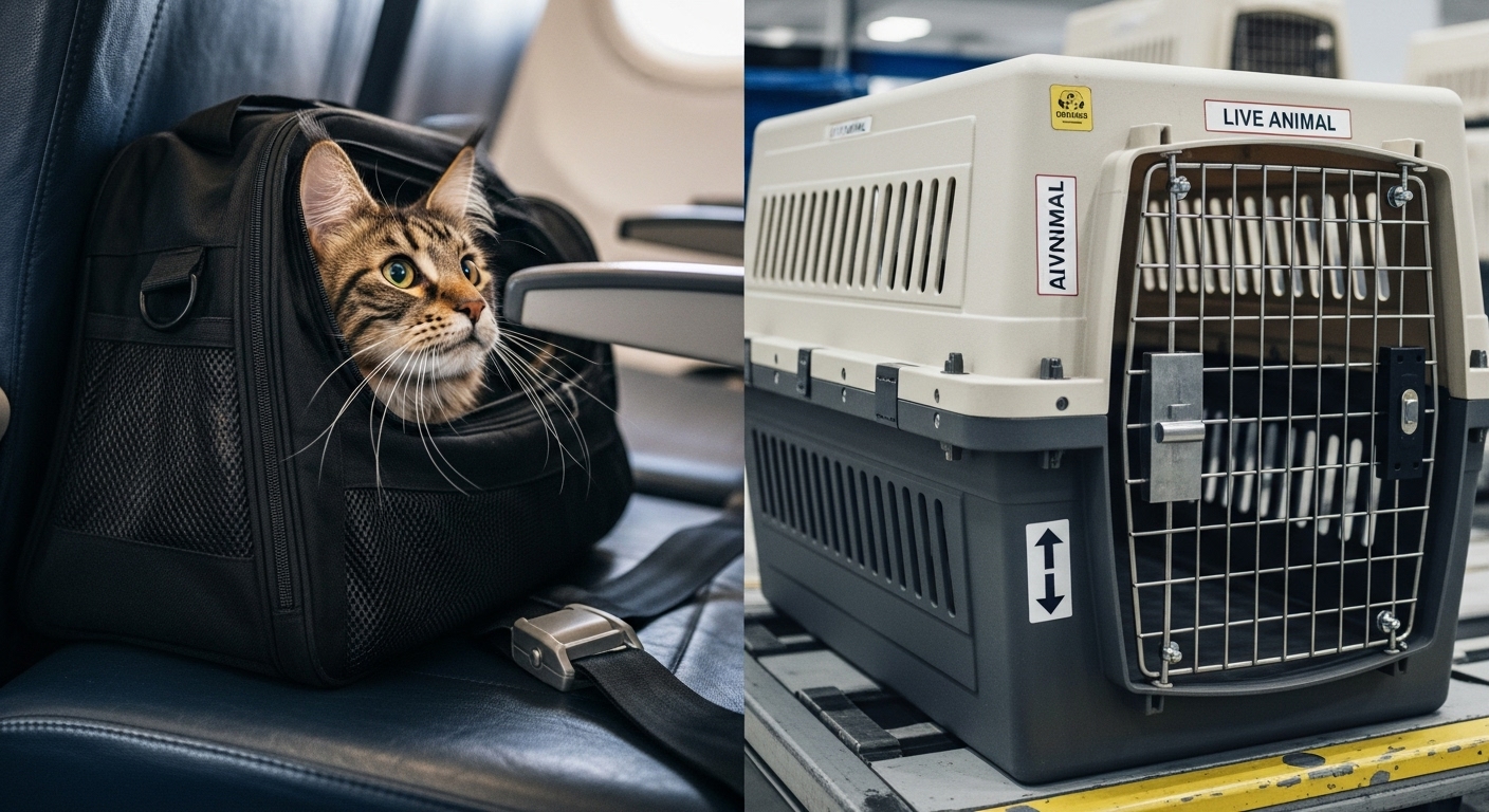 항공사 규정에 맞는 반려동물 기내용 이동장과 위탁 수하물용 켄넬