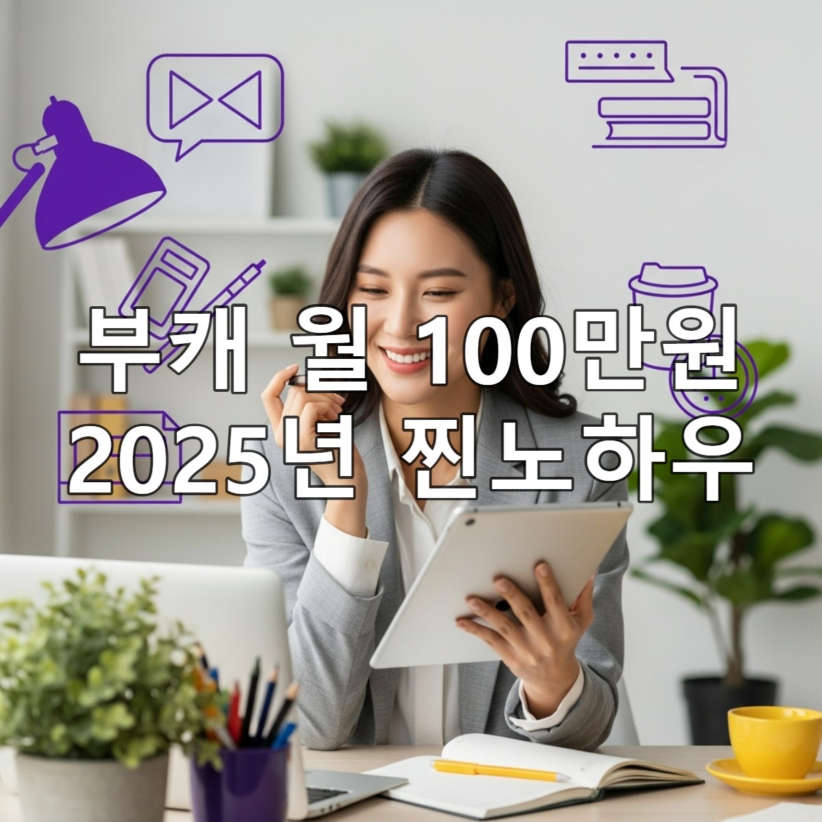 20대 후반에서 30대 초반의 한국인 여성이 현대적인 비즈니스 캐주얼 복장을 하고 노트북을 보며 자신감 있게 미소 짓는 모습. 밝고 세련된 한국 가정 사무실에서 다양한 업무 활동을 암시하는 소품들과 함께 생산적인 분위기를 연출하고 있습니다.