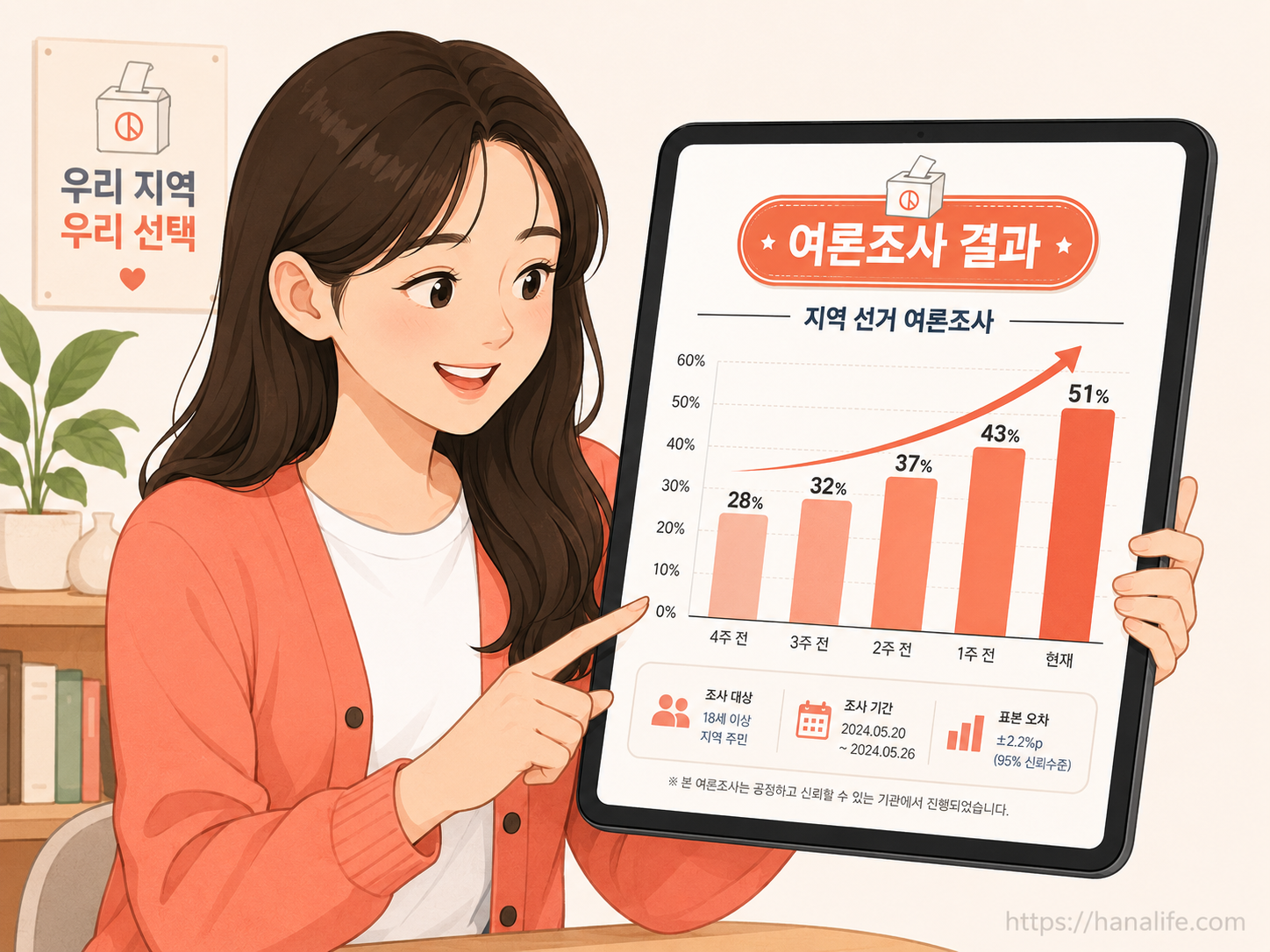 최신 지방선거 여론조사 통계 지표를 스마트폰 화면으로 확인하는 모습
