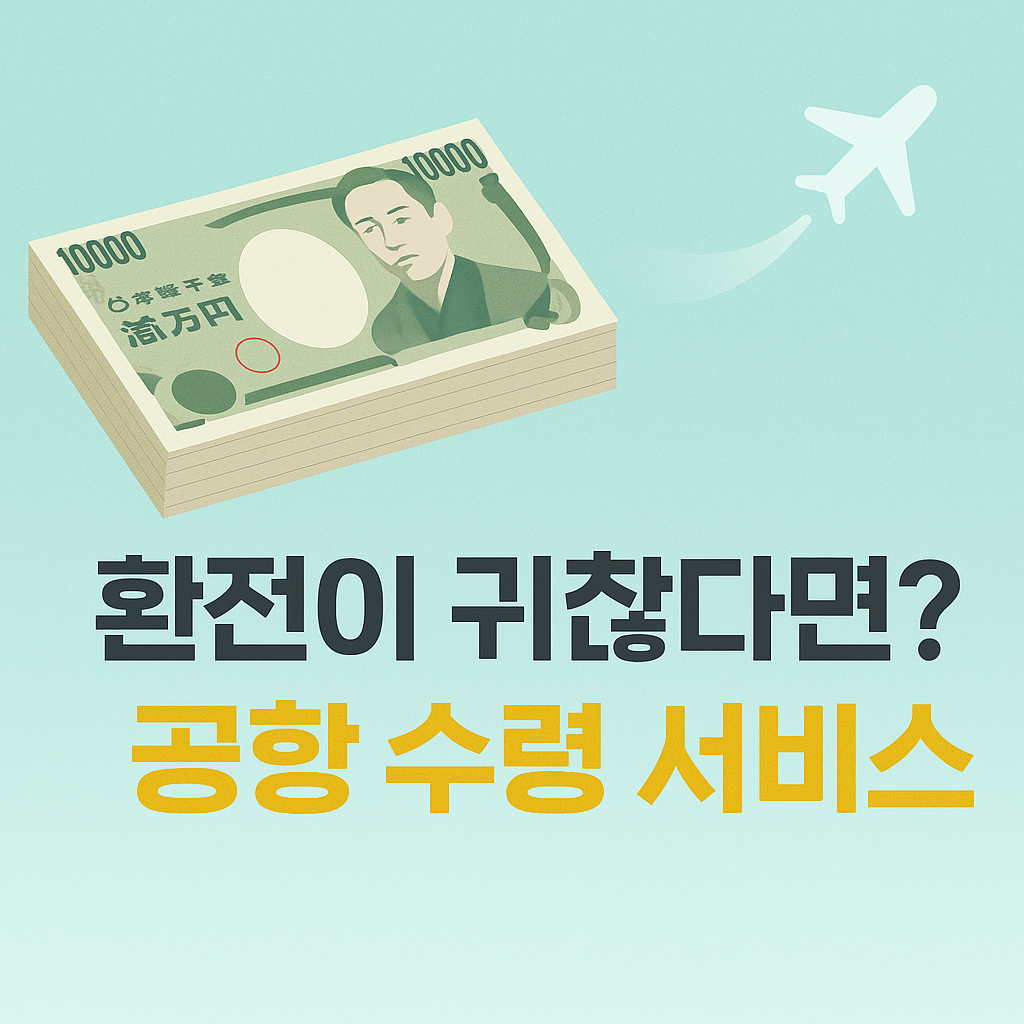 환전이 귀찮을 때 활용할 수 있는 공항 수령 서비스 안내 이미지, 일본 엔화 지폐와 비행기 아이콘 포함