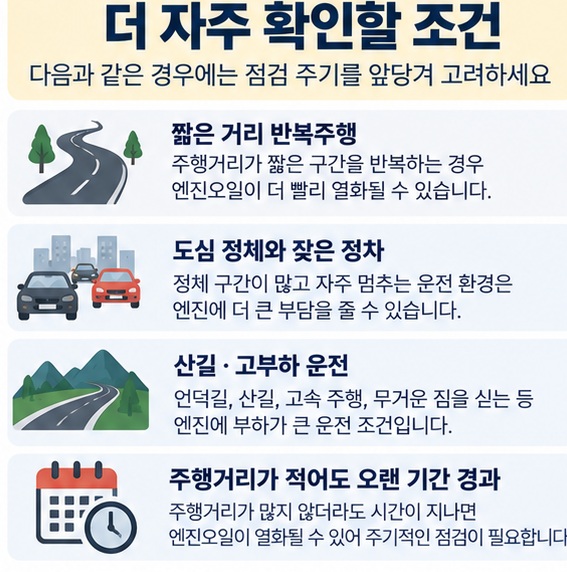 짧은 거리 반복주행 도심 정체 산길 고부하 운전 등 엔진오일을 더 자주 점검할 운행조건을 보여주는 이미지