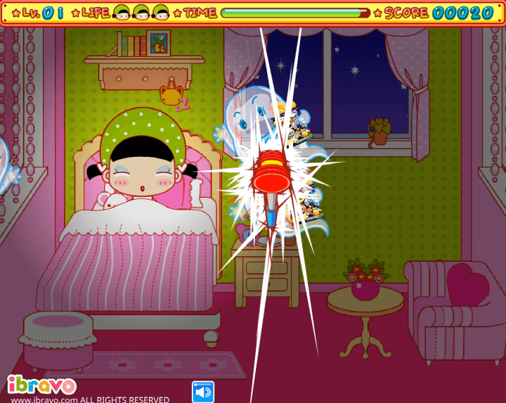 슈의-바사삭-시끄러-아이지키미-순발력-테스트-플래시게임-플레이-유령을-뿅망치로-잡는-화면