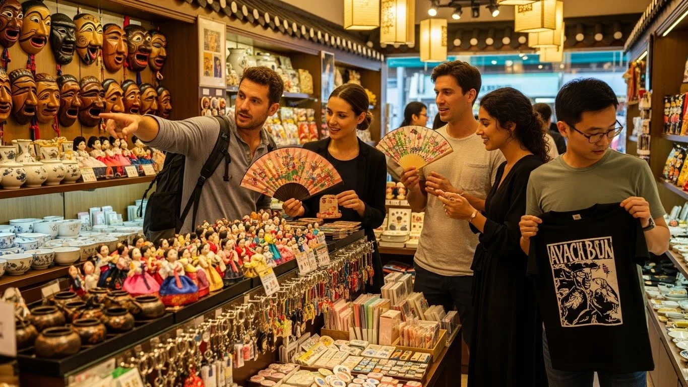 한국 기념품 상점에서 기념품을 고르는 외국인 이미지