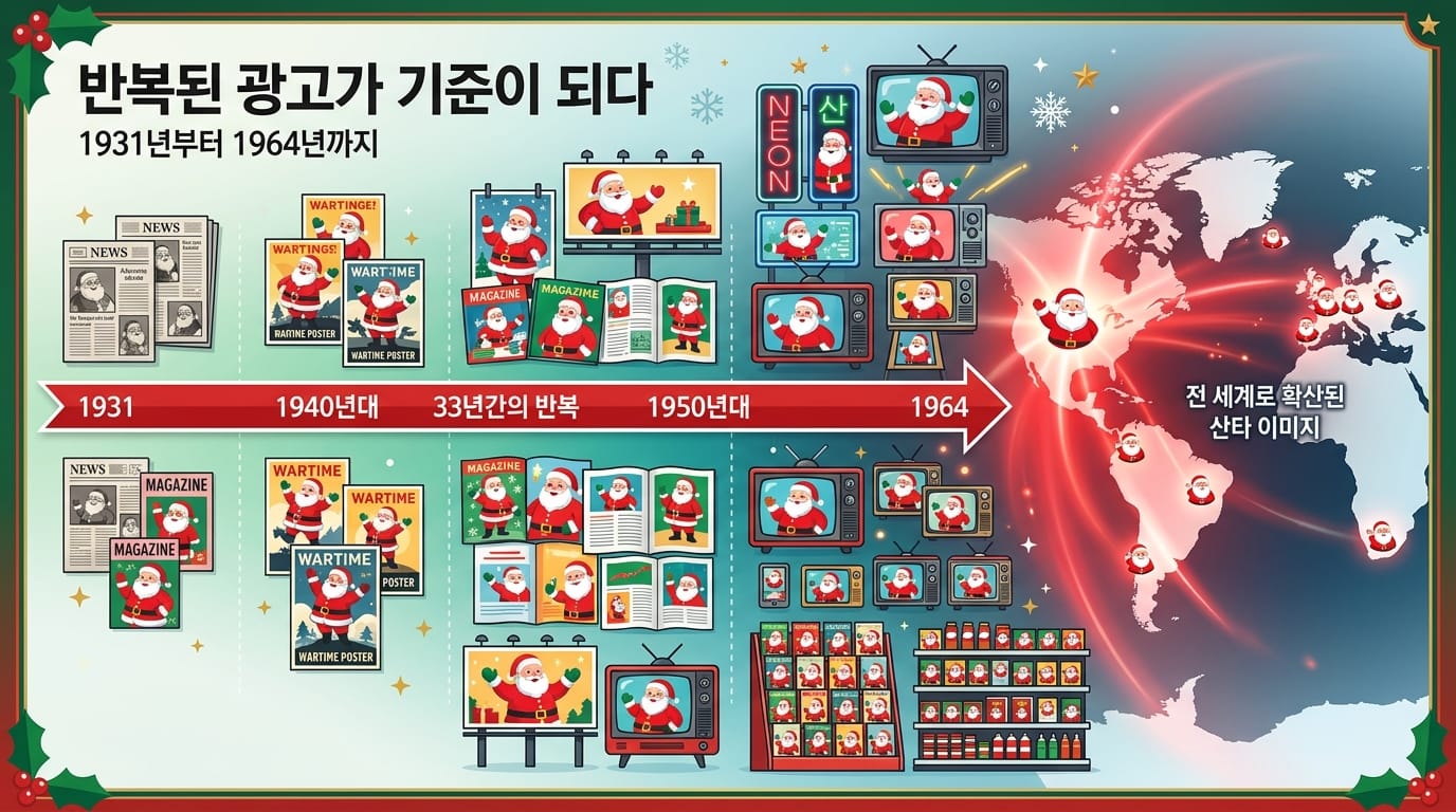 1931년부터 1964년까지 반복된 크리스마스 광고가 빨간 산타 이미지를 세계적으로 확산시키는 과정을 설명하는 인포그래픽