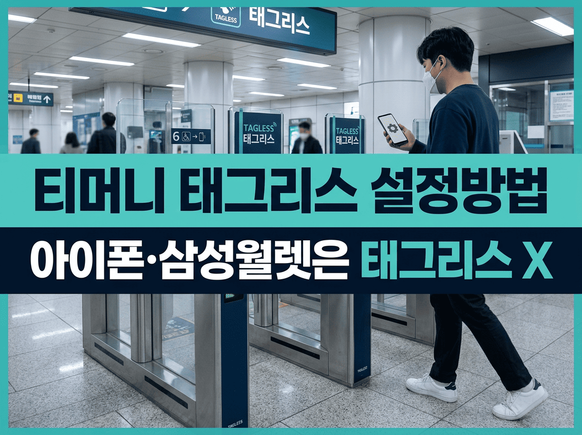 태그리스 전용 지하철 게이트를 통과하는 안드로이드 스마트폰 이용자와 설정 지원 여부 안내