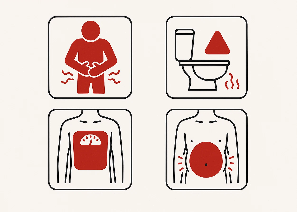 복통, 설사, 체중 감소, 복부팽만
