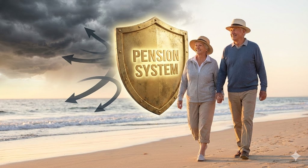 노후의 부부가 편안한 미소를 지으며 해변을 걷고 있는 모습. 그들 뒤로 튼튼한 방패(연금 시스템)가 그들을 지켜주고 있는 이미지