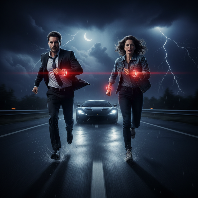 트랜스포터 라스트 미션 폭탄 팔찌 장면 - 프랭크와 발렌티나가 야간 고속도로에서 손목의 빨간 폭발 팔찌를 차고 스포츠카 앞으로 질주하는 모습