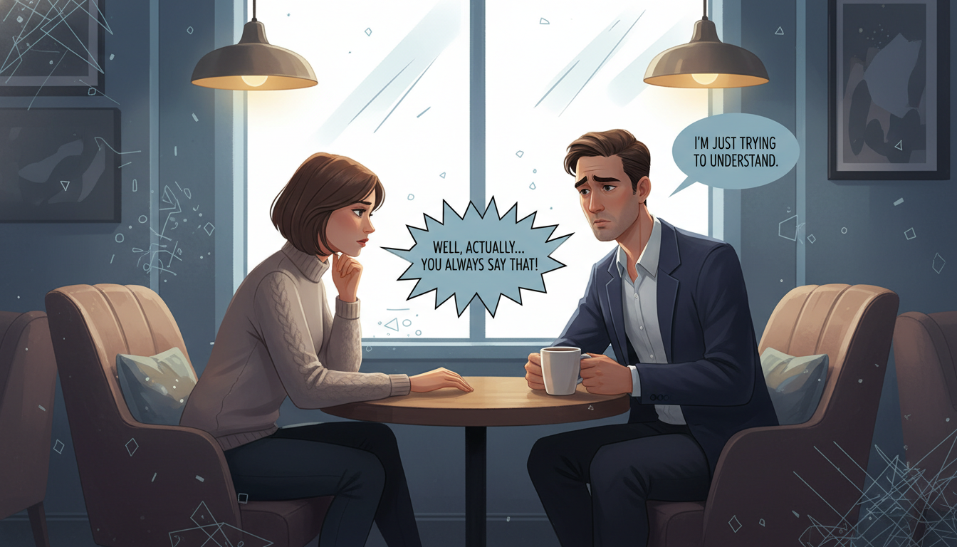 나는 솔로 30기 영숙의 말꼬리 잡기 논란을 표현한 남녀의 대화 심리 일러스트