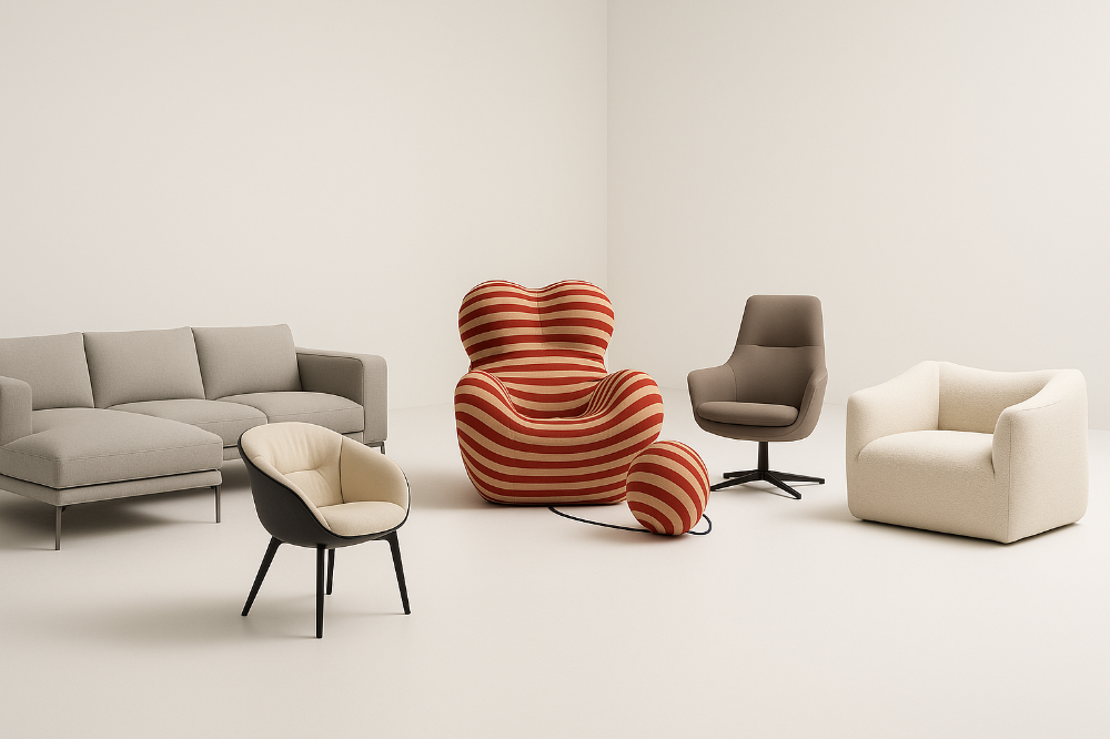 B&amp;B Italia 의 대표 제품 5종이 배치된 공간의 이미지