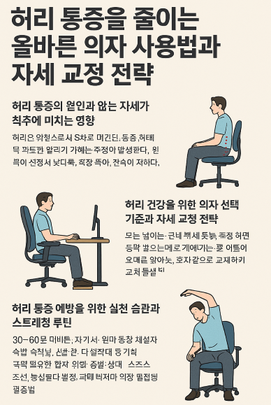 요추 지지대가 있는 의자에 바르게 앉은 사람과 잘못된 자세의 비교 장면을 통해, 허리 통증 예방을 위한 자세 교정과 의자 선택 기준을 시각적으로 보여주는 정보 이미지