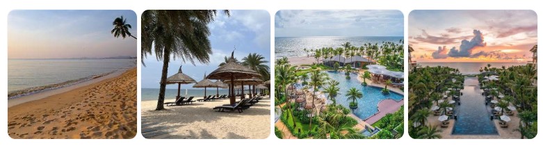 푸꾸옥 롱 비치의 해질녘 해변, 야자수와 고급 리조트 수영장이 어우러진 풍경