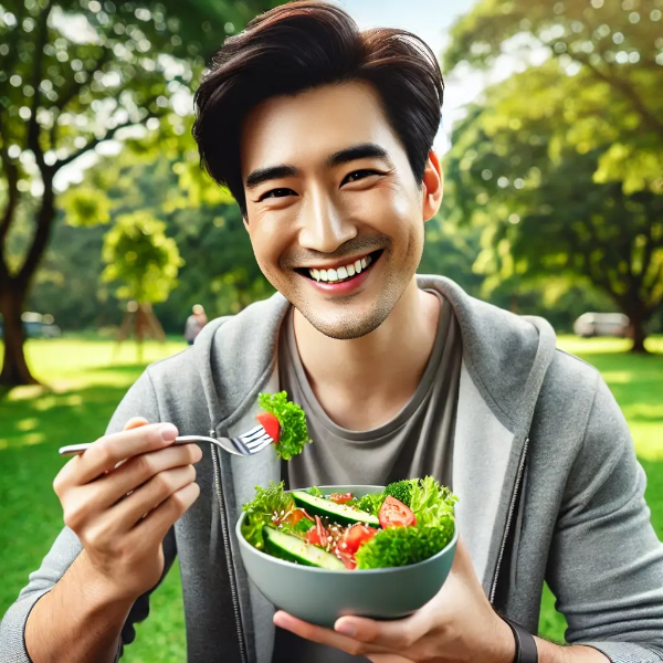 공원에서 신선한 샐러드를 즐기며 건강을 누리는 젊은 아시아 남성