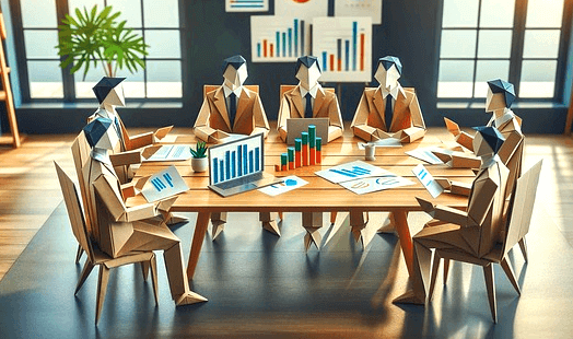 7명의 회사 사람들이 탁자에 둘러앉아 회사 경영 이야기를 하고있다.