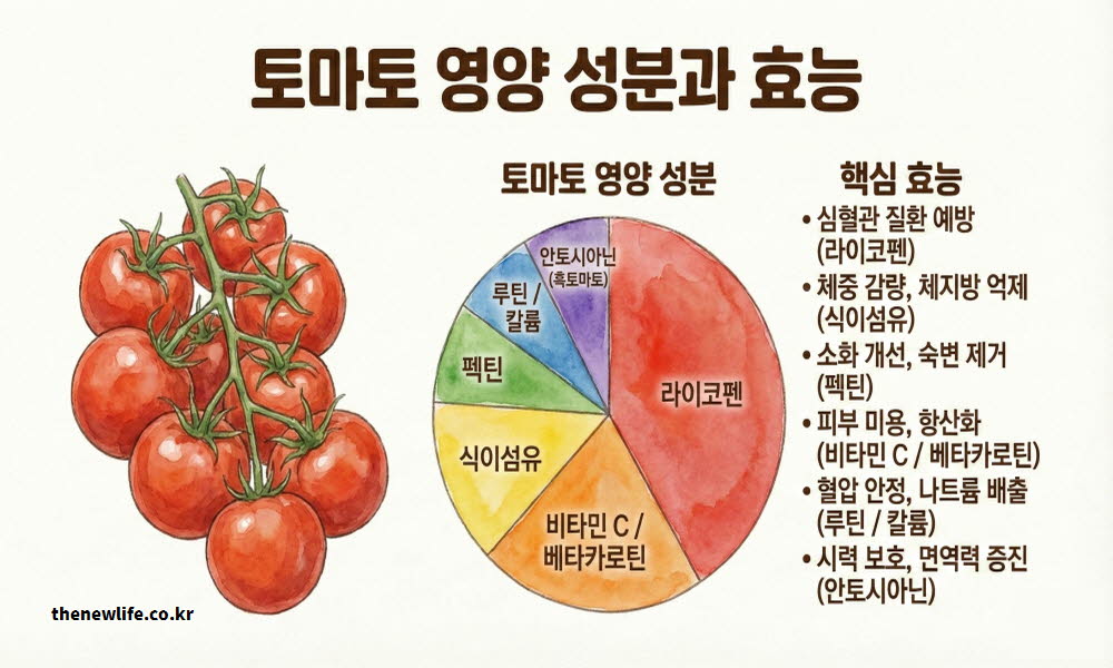 토마토 효능을 구성하는 다양한 미네랄과 비타민 등 핵심 영양 성분을 분석한 이미지