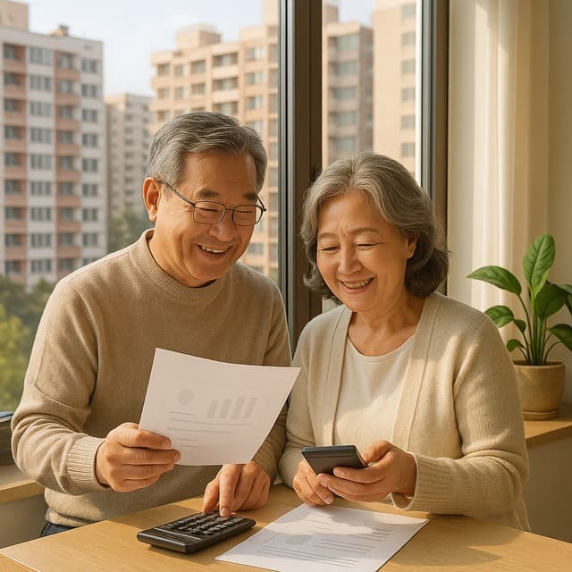 서울의 중층 아파트 단지 전경을 배경으로 창가에서 서류와 계산기를 확인하는 은퇴 부부가 미소 짓는 장면