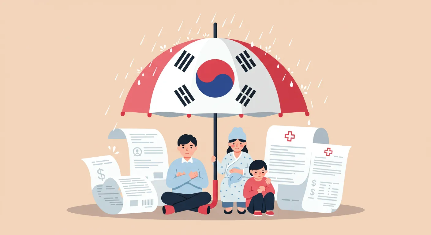 "대한민국 우산 아래 정부에게 보호받는 암 환자 가족과 의료비 지원을 상징하는 인포그래픽"