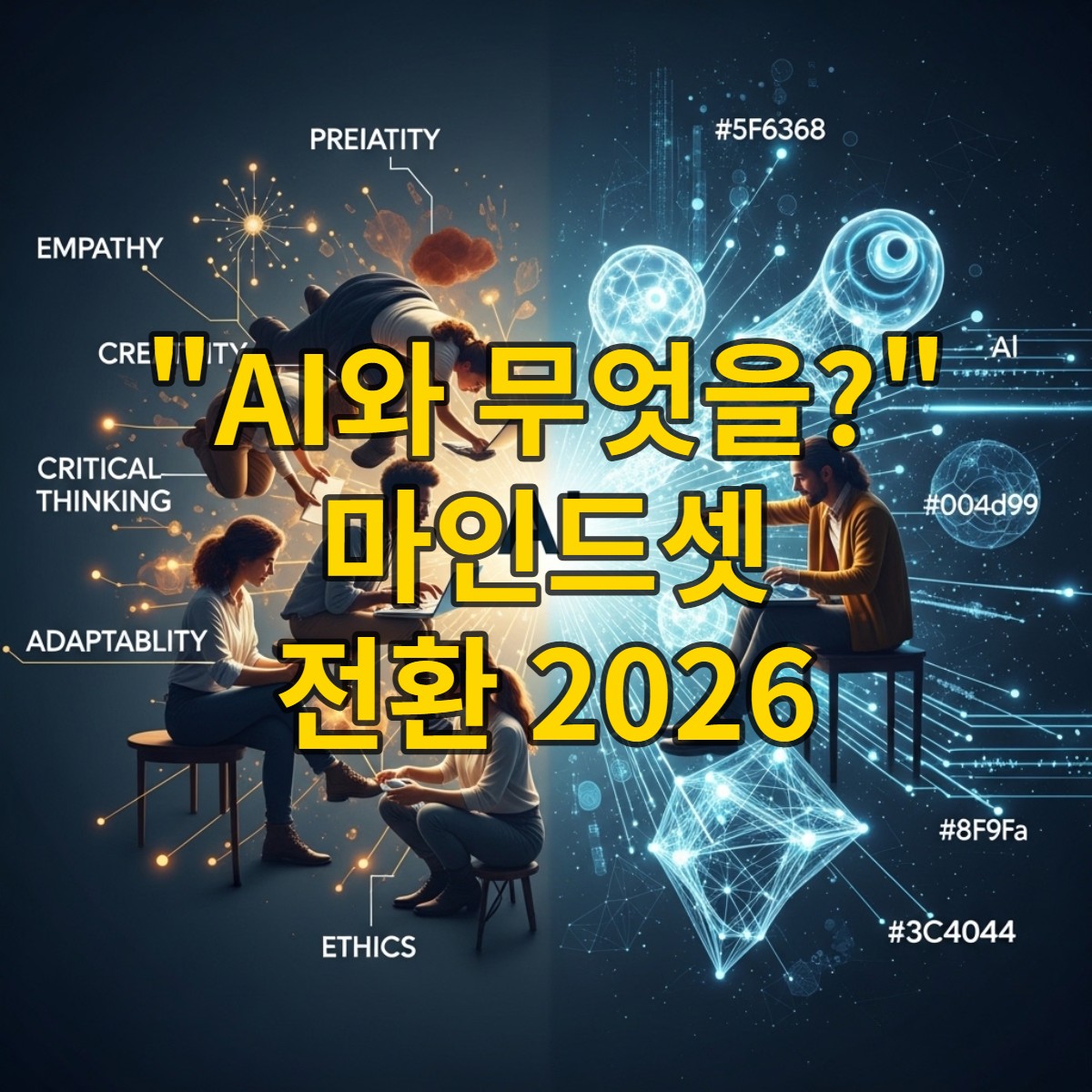 AI와 인간이 협력하여 미래를 만들어가는 모습을 담은 그림. 인간의 공감, 창의성, 비판적 사고 능력이 AI 기술과 조화롭게 결합되어 시너지를 내는 장면.