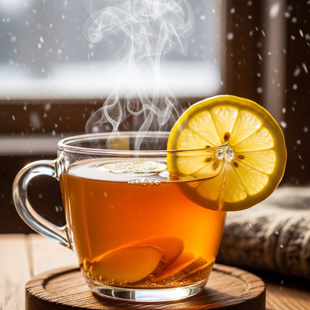 김이 나는 따뜻한 생강차와 레몬 조각이 담긴 유리컵. 겨울철 수분 섭취와 면역력 강화에 좋은 차를 상징합니다.