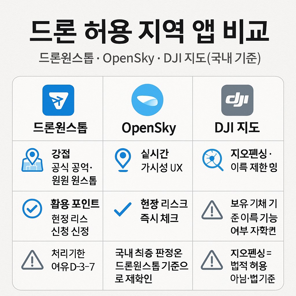 드론 허용 지역 앱 비교 인포그래픽 (드론원스톱·OpenSky·DJI 지도)