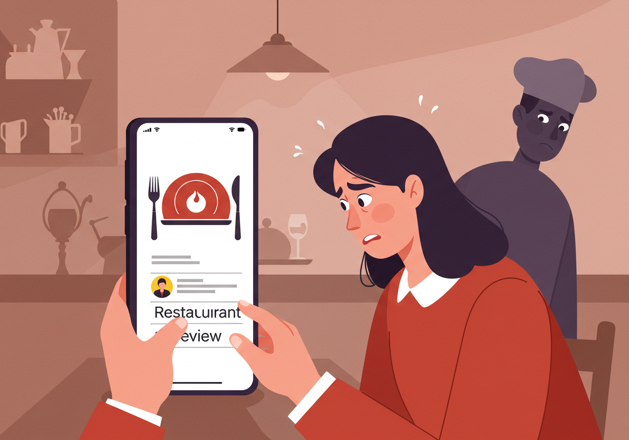 리뷰 작성과 명예훼손 문제를 표현한 디지털 일러스트, 온라인 리뷰 고소 위협 장면