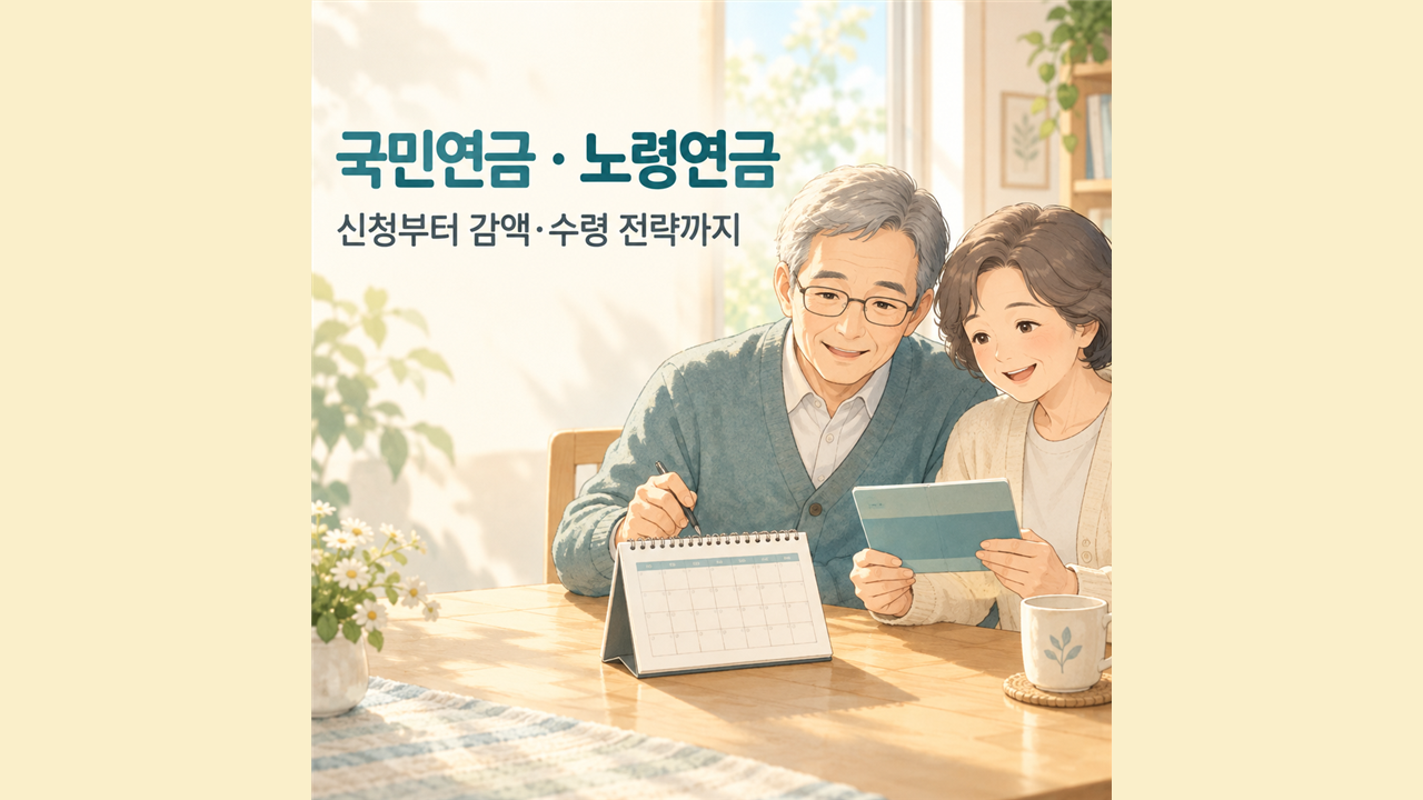 국민연금과 노령연금 신청&middot;감액&middot;수령 전략을 설명하는 노년 부부 일러스트