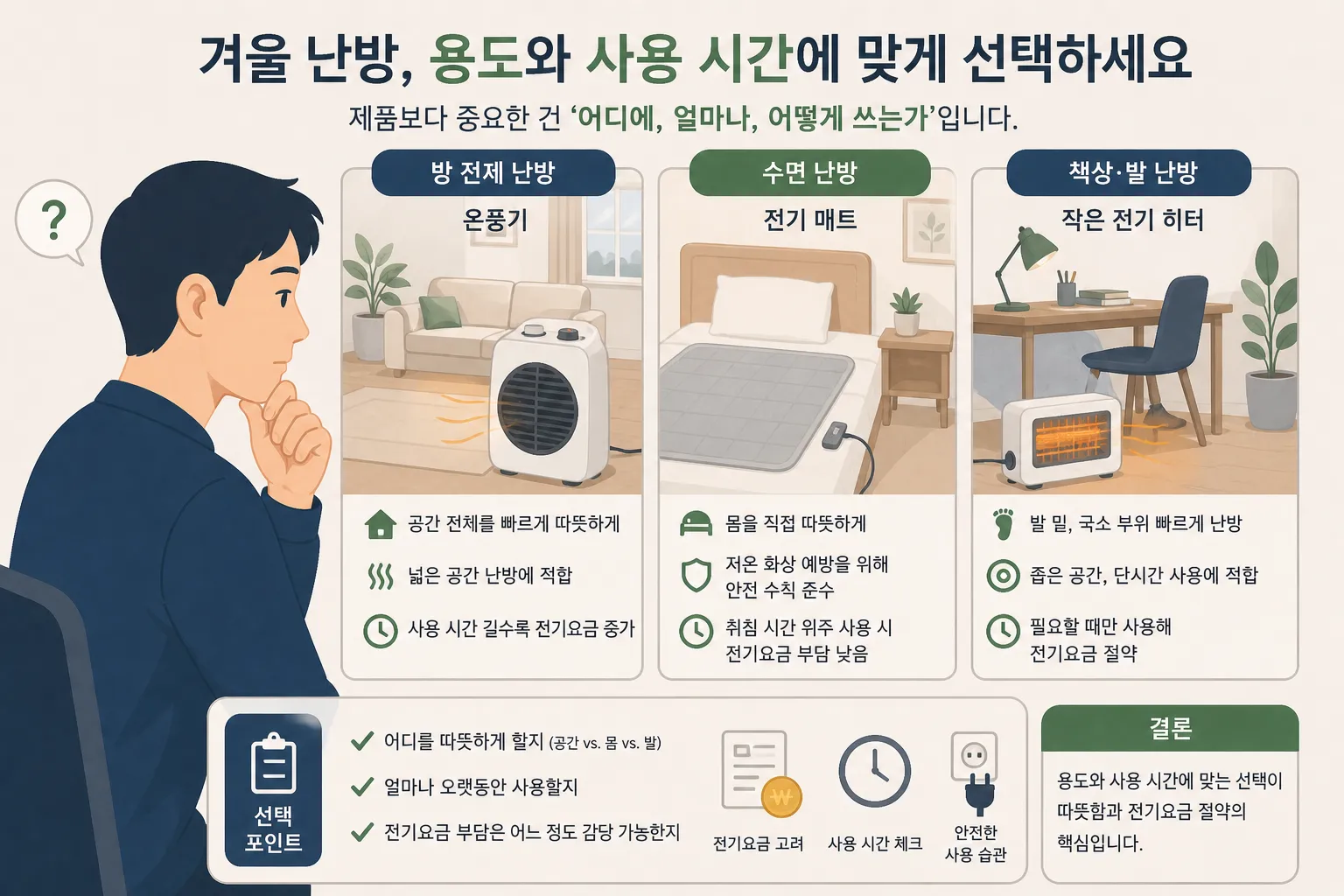 온풍기 전기요금 계산 이후 방 전체 난방과 수면 난방, 책상 발 난방을 용도별로 비교해 선택 기준을 보여주는 이미지