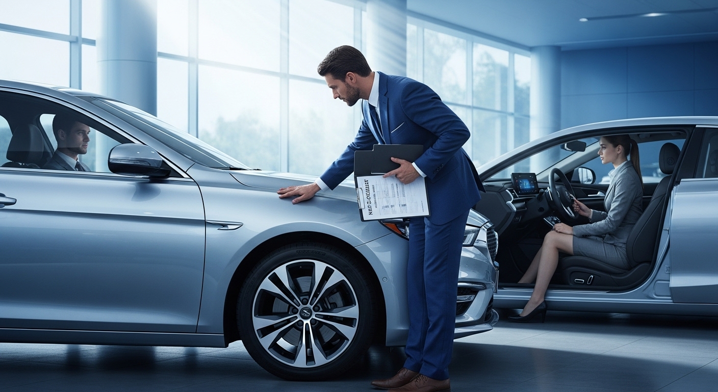 새 차를 꼼꼼히 검수하며 차량 상태를 확인하는 모습.