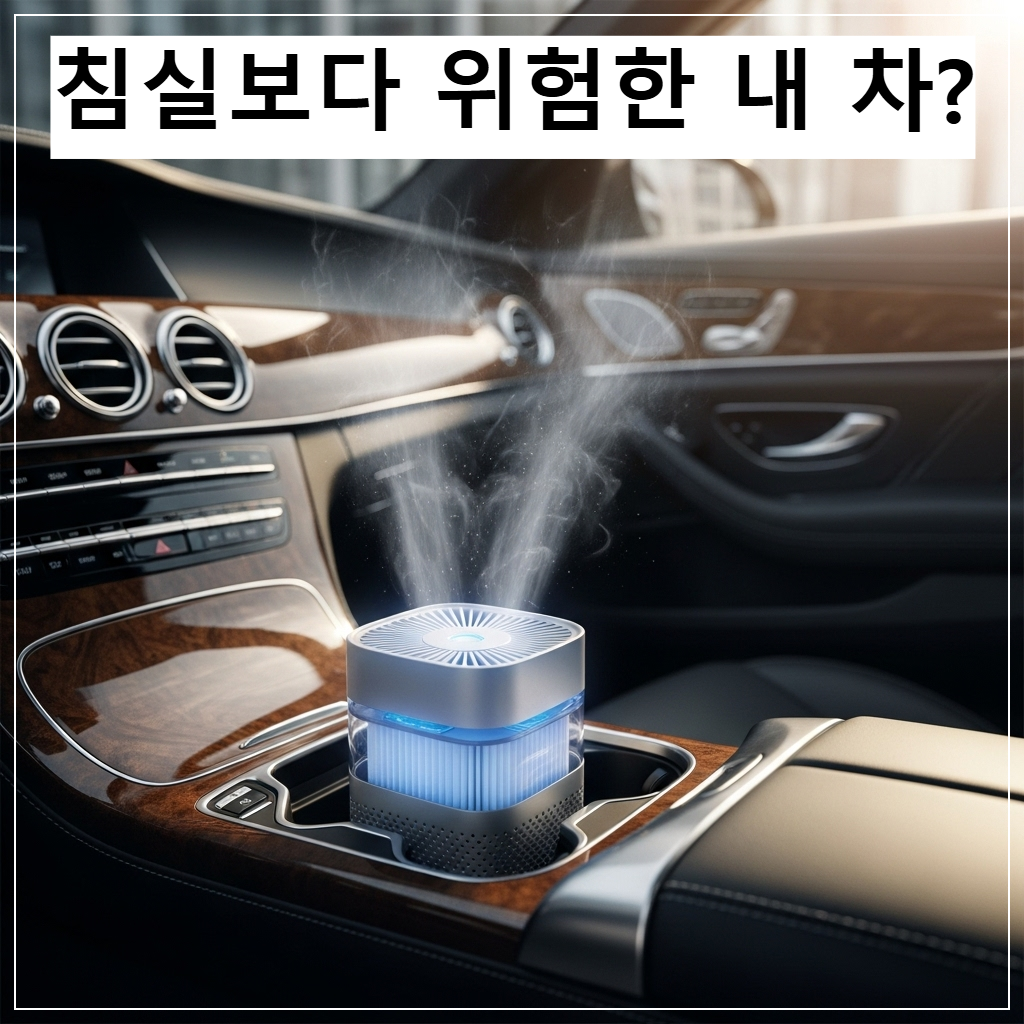 고급스러운 자동차 실내의 컵홀더에 설치된 세련된 공기청정기가 파란색 LED 불빛을 내뿜으며 공기를 정화하고 있는 모습