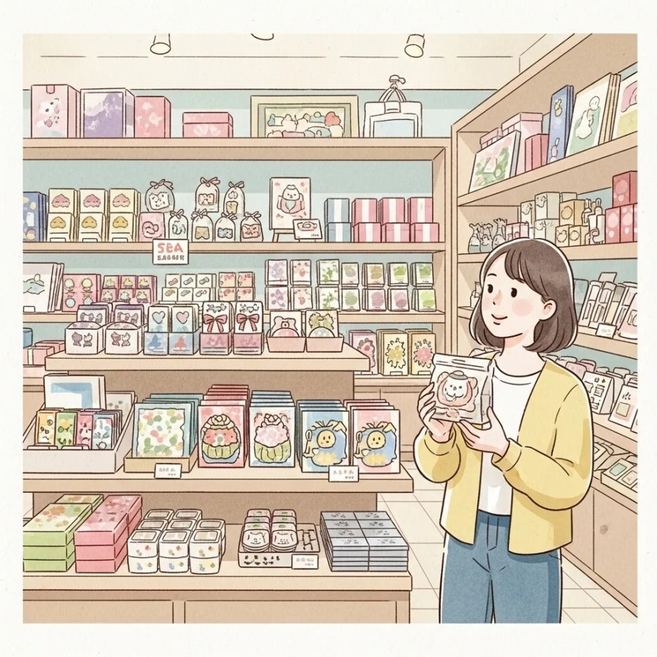 아기자기한 기념품 가게에서 선물 고르기