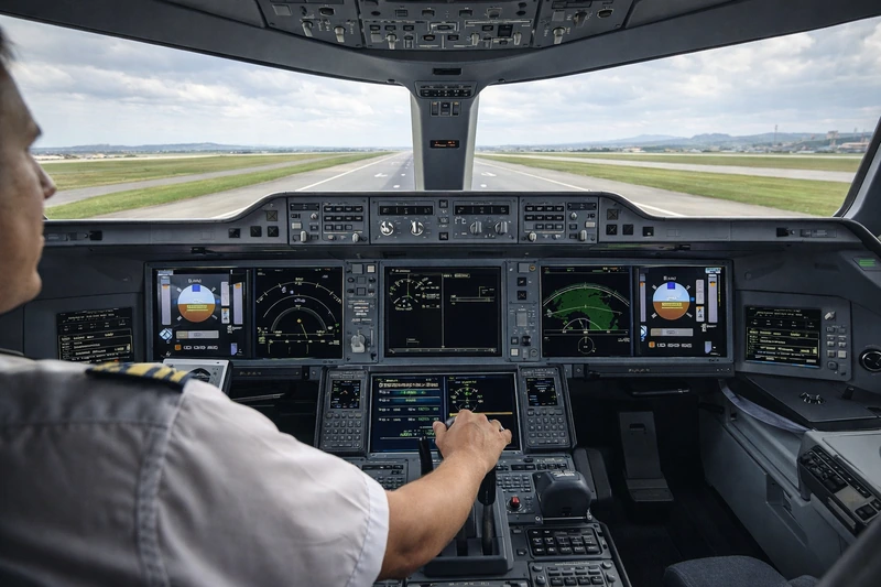 현대 여객기 칵핏에서 왼쪽 기장석 시점으로 본 활주로 중심선과 계기판 모습, 기장이 오른손으로 스로틀 레버를 조작하는 장면