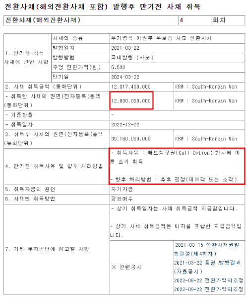 아난티 전환사채 만기전 사채 취득