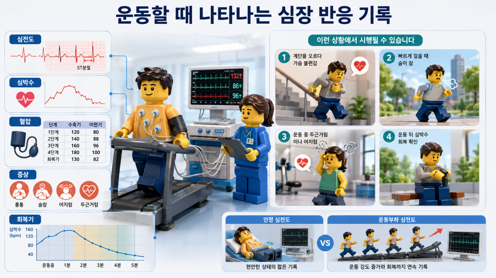 운동부하 심전도검사의 측정 항목과 시행 상황을 비교한 의료 인포그래픽
