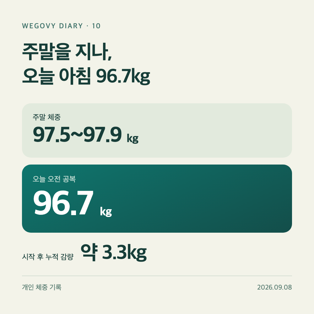 주말 97.5~97.9kg 정체 구간과 오늘 아침 96.7kg, 위고비 누적 감량 약 3.3kg을 보여주는 체중 변화 기록표