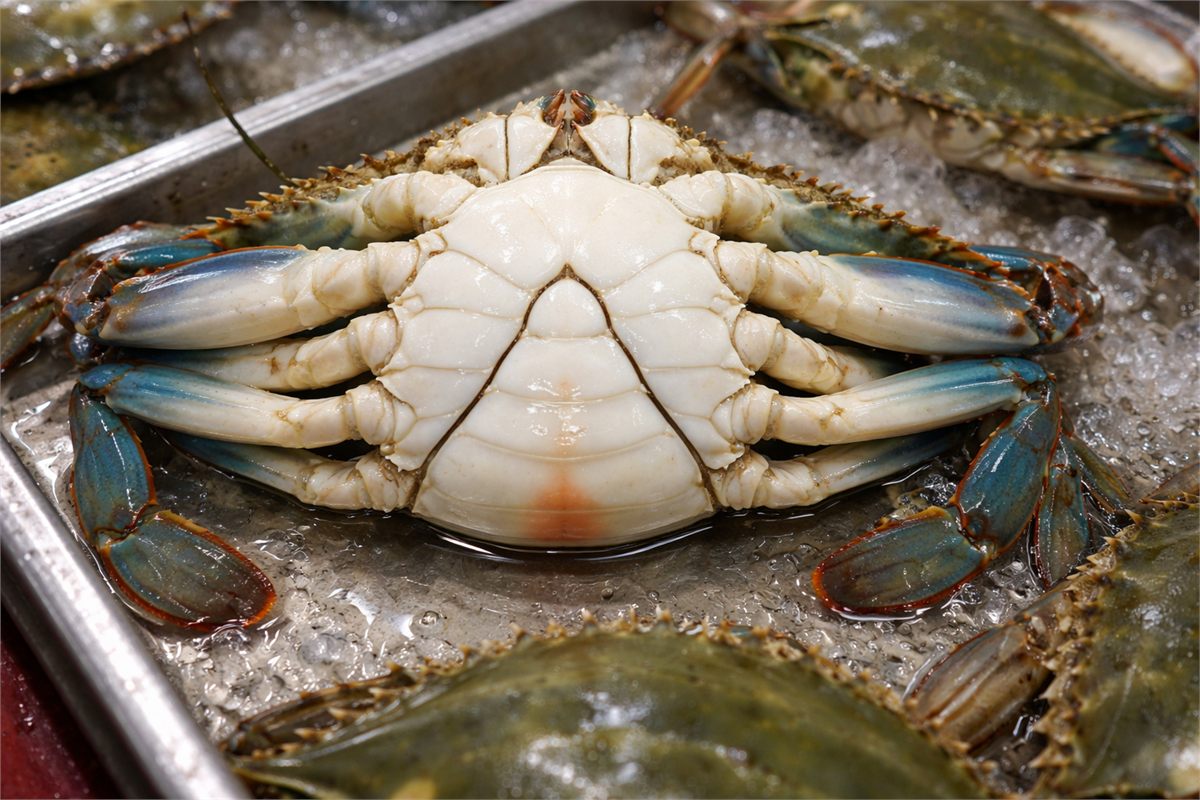 봄 제철 암꽃게의 둥근 배딱지와 윤기 나는 배 부분을 가까이 보여주는 장면 