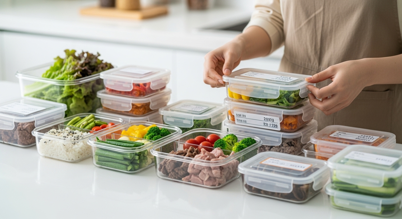 깔끔하게 소분되어 밀폐 용기에 보관된 다양한 식재료들이 주방 조리대에 놓여 있는 모습. 자취생의 효율적인 식비 절약과 밀프렙을 보여주는 이미지.