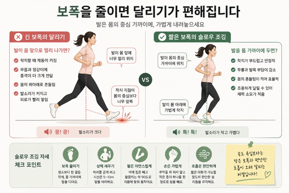 짧은 보폭으로 몸의 중심 가까이에 발을 디디는 슬로우 조깅 자세
