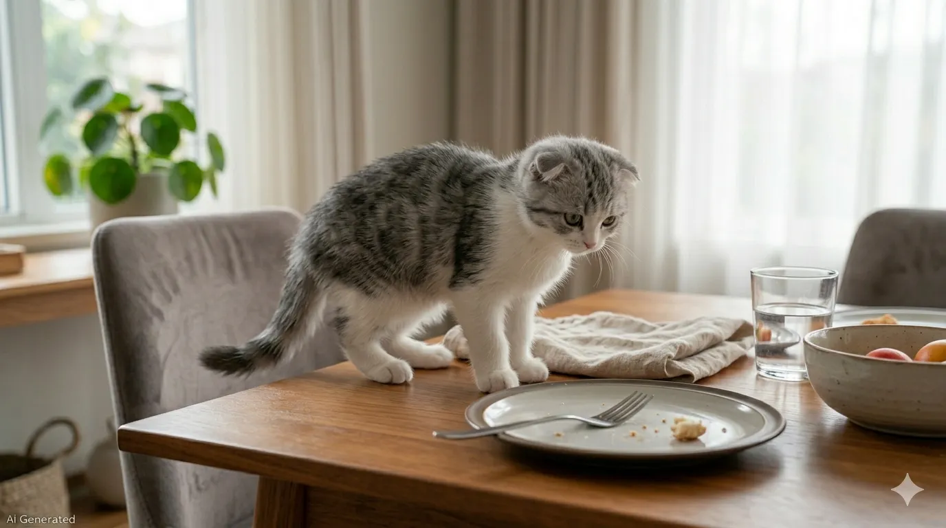 식탁 위에 올라와 접시와 음식을 탐색하는 회색 무늬 스코티쉬폴드 고양이의 행동학적 모습