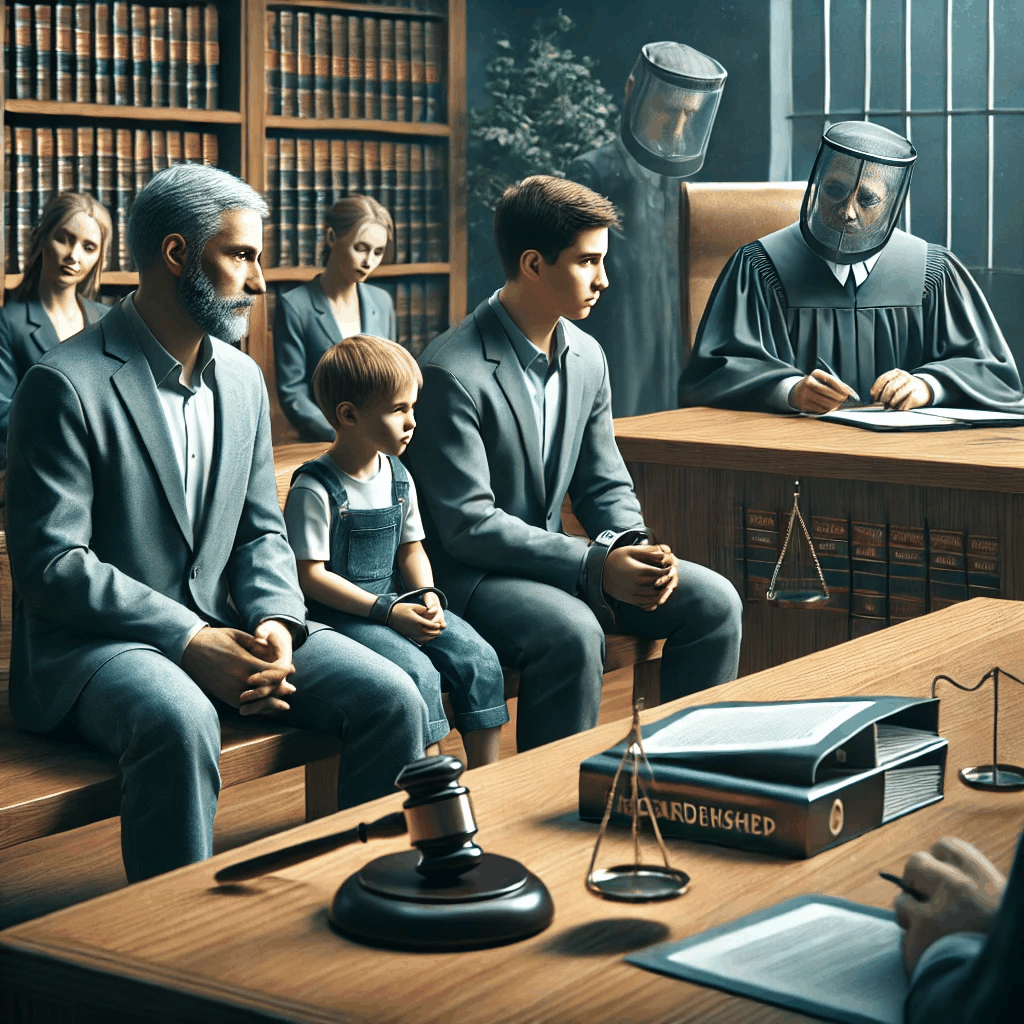 법정에서 판사가 미성년자와 후견인을 포함한 제한능력자들의 법률 행위를 심사하는 현실적인 장면
