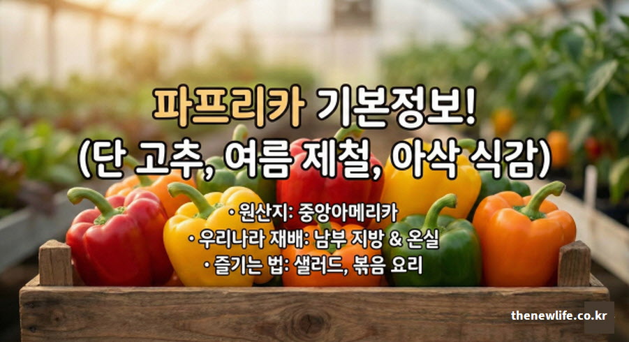 파프리카 기본 정보 요약: 중앙아메리카 원산지, 단 고추 별명, 여름 제철 및 아삭한 식감 특징