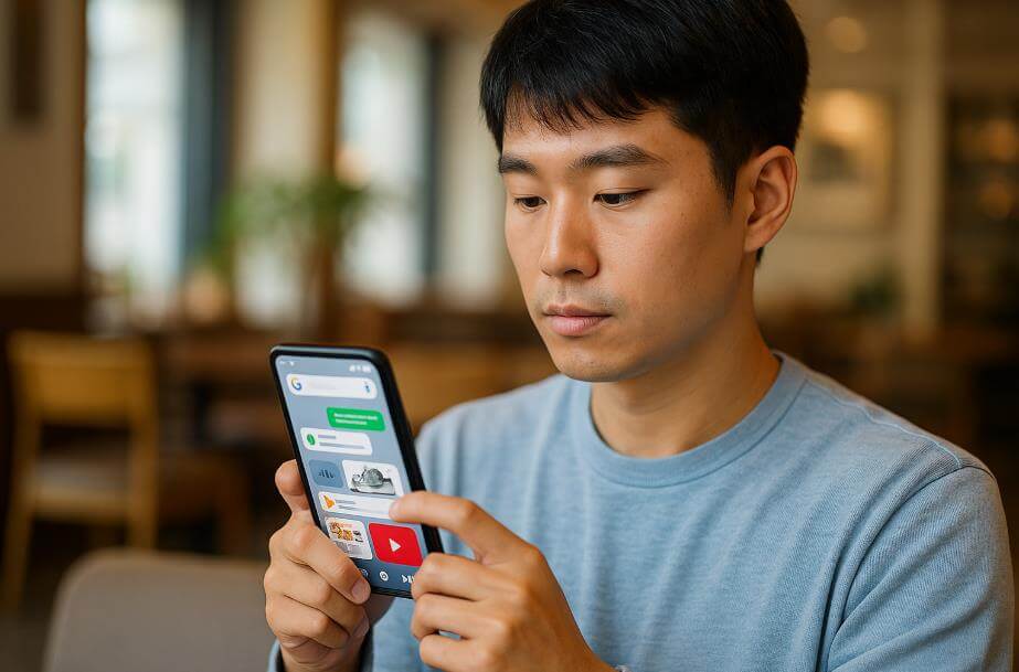 청년이 스마트폰으로 여러 앱을 사용하는 모습