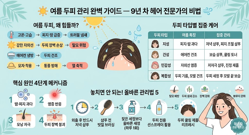 여름철 두피 문제 원인과 두피 타입별 집중 케어 표, 4단계 핵심 원인 메커니즘, 그리고 9년 차 헤어 전문가가 제안하는 올바른 두피 관리법 5단계를 일러스트와 함께 정리한 여름 두피 관리 완벽 가이드 인포그래픽