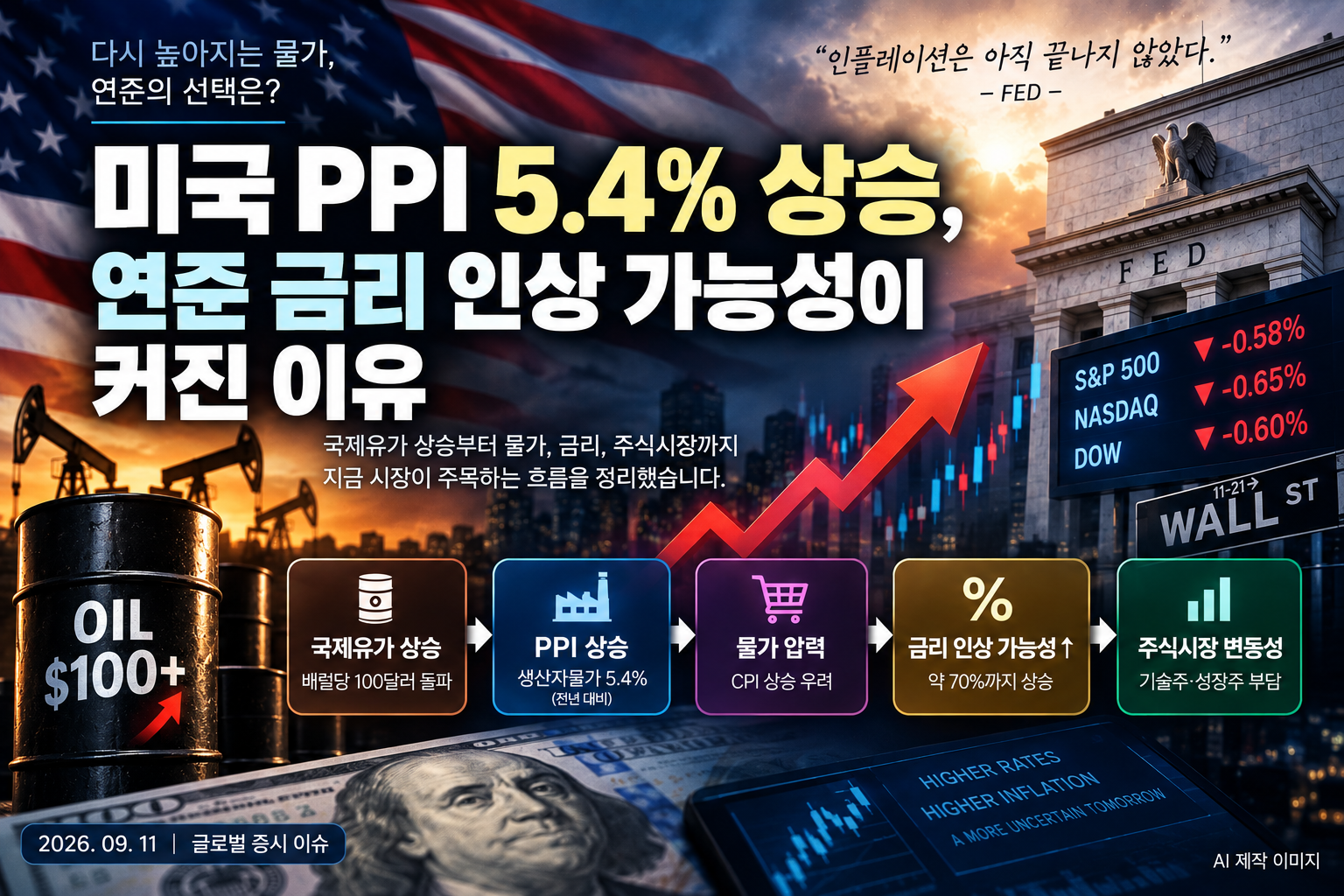 미국 PPI 5.4% 상승과 연준 금리 인상 가능성을 설명하는 이미지