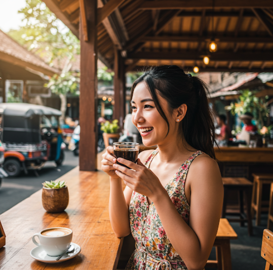 아시아 여행시 커피를 즐기는 여성
