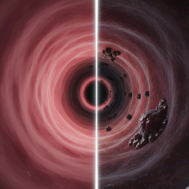 건강하고 깨끗한 대장과 용종이 있는 대장을 시각적으로 비교하여, 용종의 잠재적 위험성을 보여주는 이미지입니다.