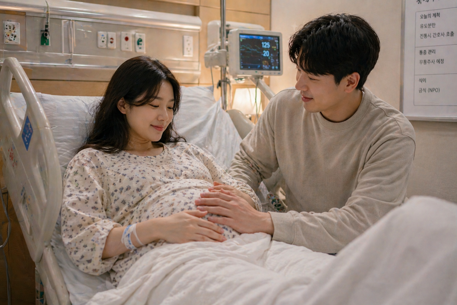 유도분만을 위해 병원에 입원한 임산부와 남편의 모습