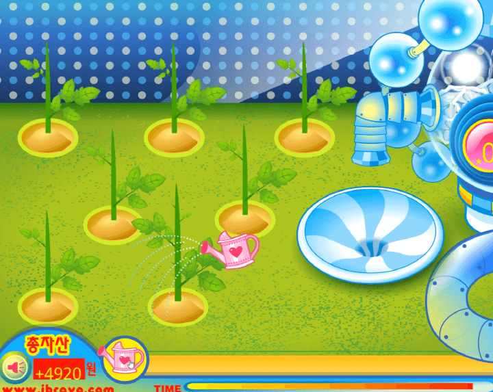 슈의-토마토마-아이스크림-만들기-플래시게임-플레이-나무에-물조리로-물을-주는-화면