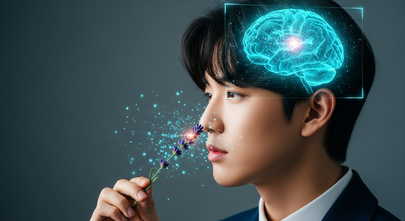 향기 분자가 코를 통해 뇌 변연계로 전달되어 신체 이완을 유도하는 과학적 원리 인포그래픽