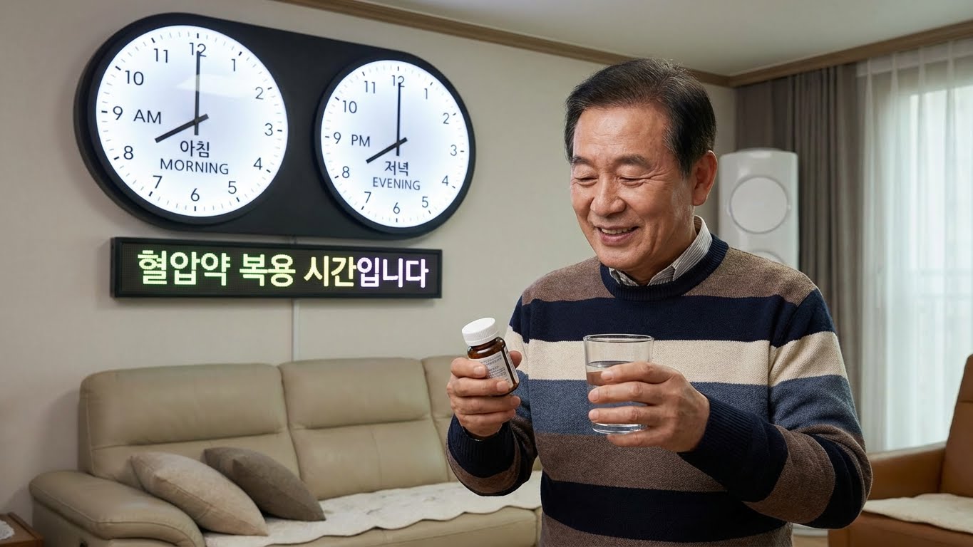 아침과 저녁을 가리키는 시계 앞에서 혈압약과 물이 담긴 컵을 들고 고민하는 사진
