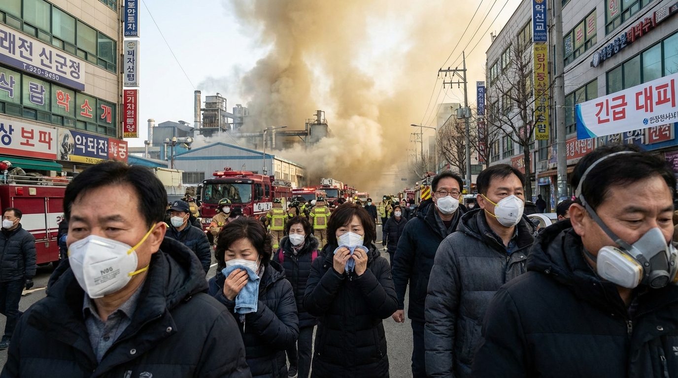공장 화재 유독가스로부터 호흡기를 보호하기 위해 마스크를 착용한 시민